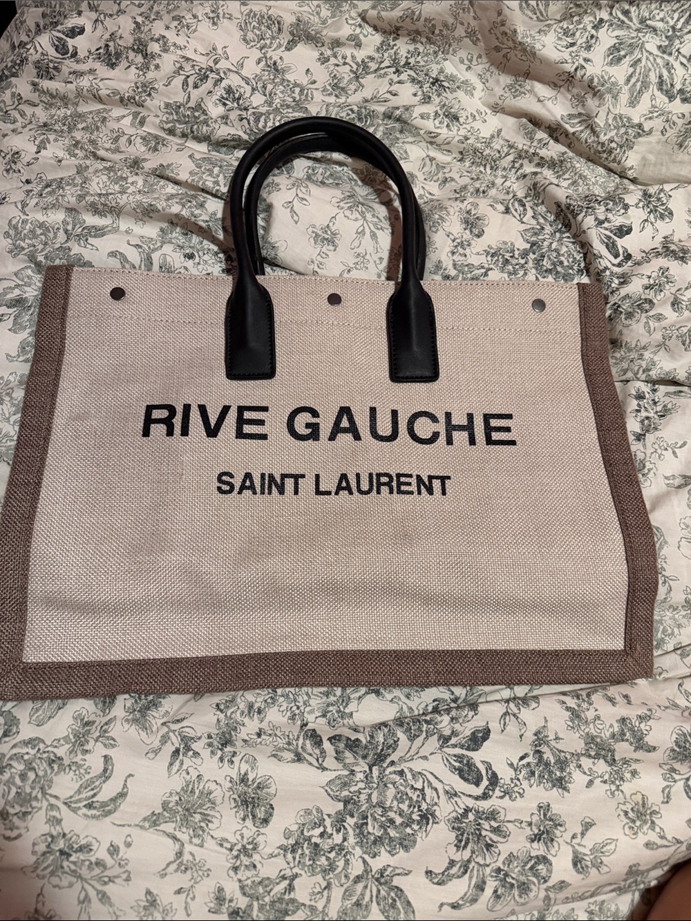 Beige Canvas Rive Gauche Tote with Brown Trim and Black Handles